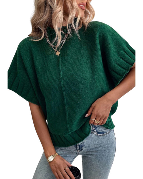 Green mockneck batwing sleeve knit sweater