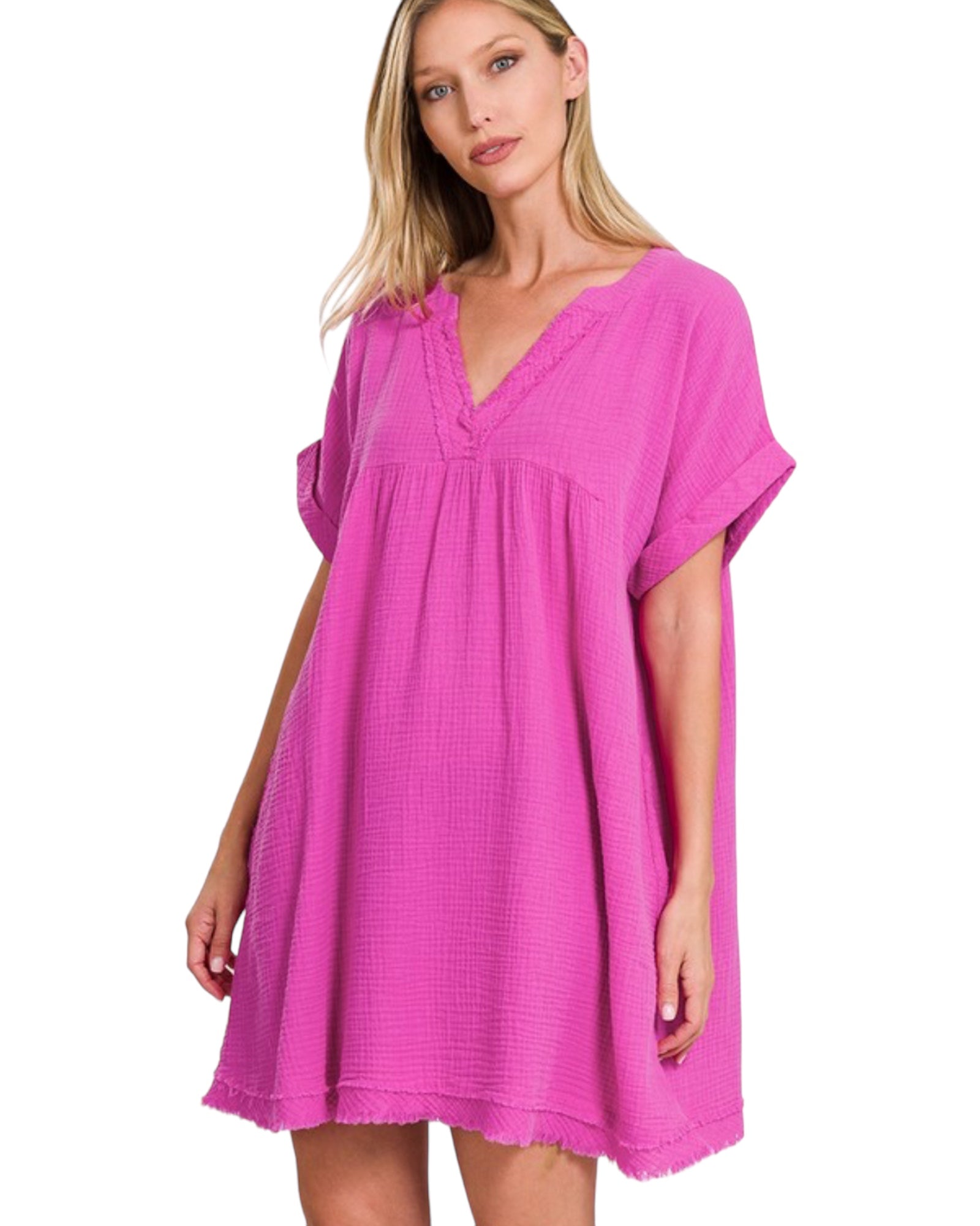 Double gauze raw edge v neck dress