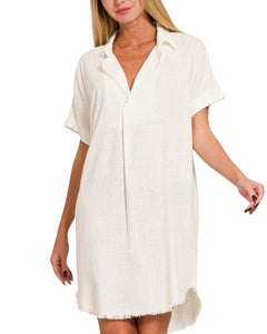 Linen frayed hem shirt dress