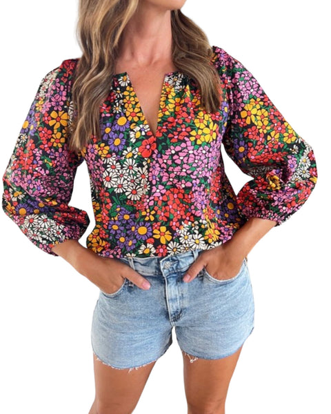 Floral Notched V neck blouse