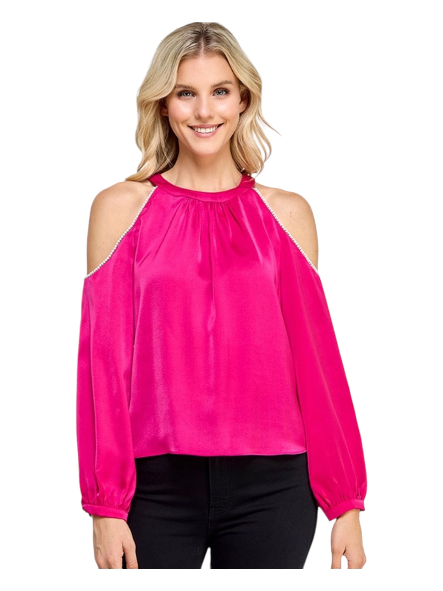 Cold Shoulder pearl trim sleeve blouse