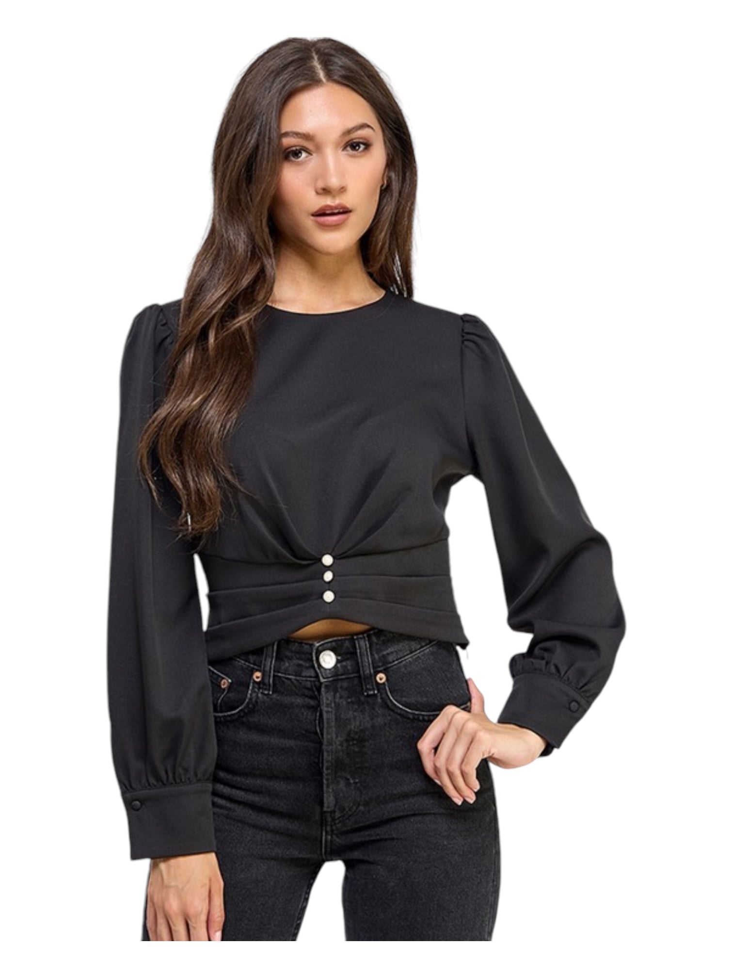 Cropped black blouse w/ pearl accent buttons