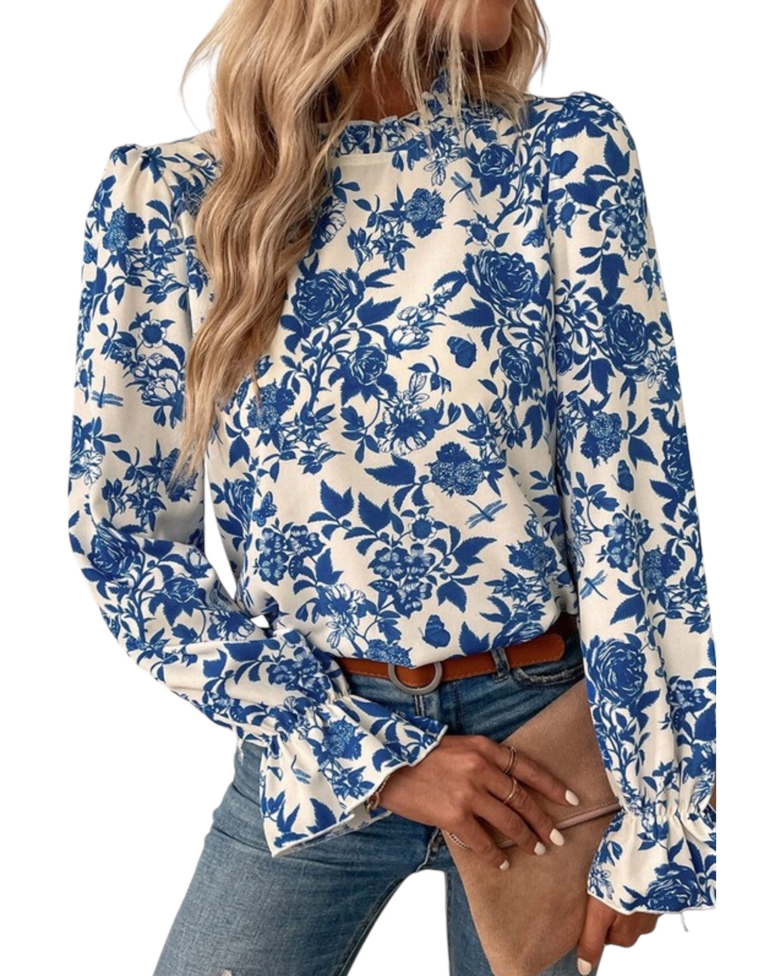 Floral print flounce sleeve blouse