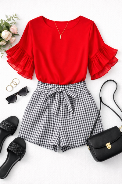 “Check Me Out Gingham Tie-Waist Shorts” 🖤🤍✨