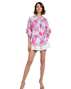 Floral print ruffled bell sleeve woven Top