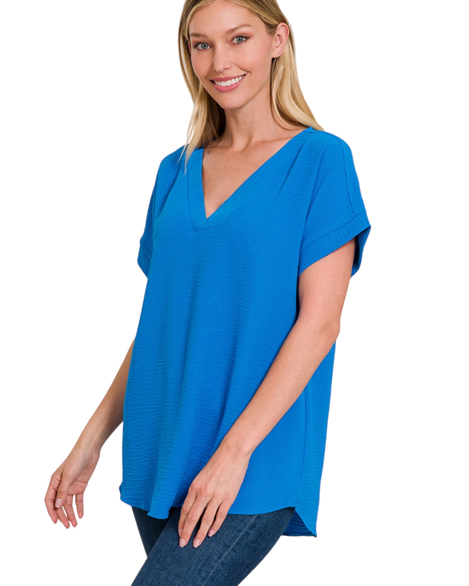 Woven airflow v neck hi low hem top