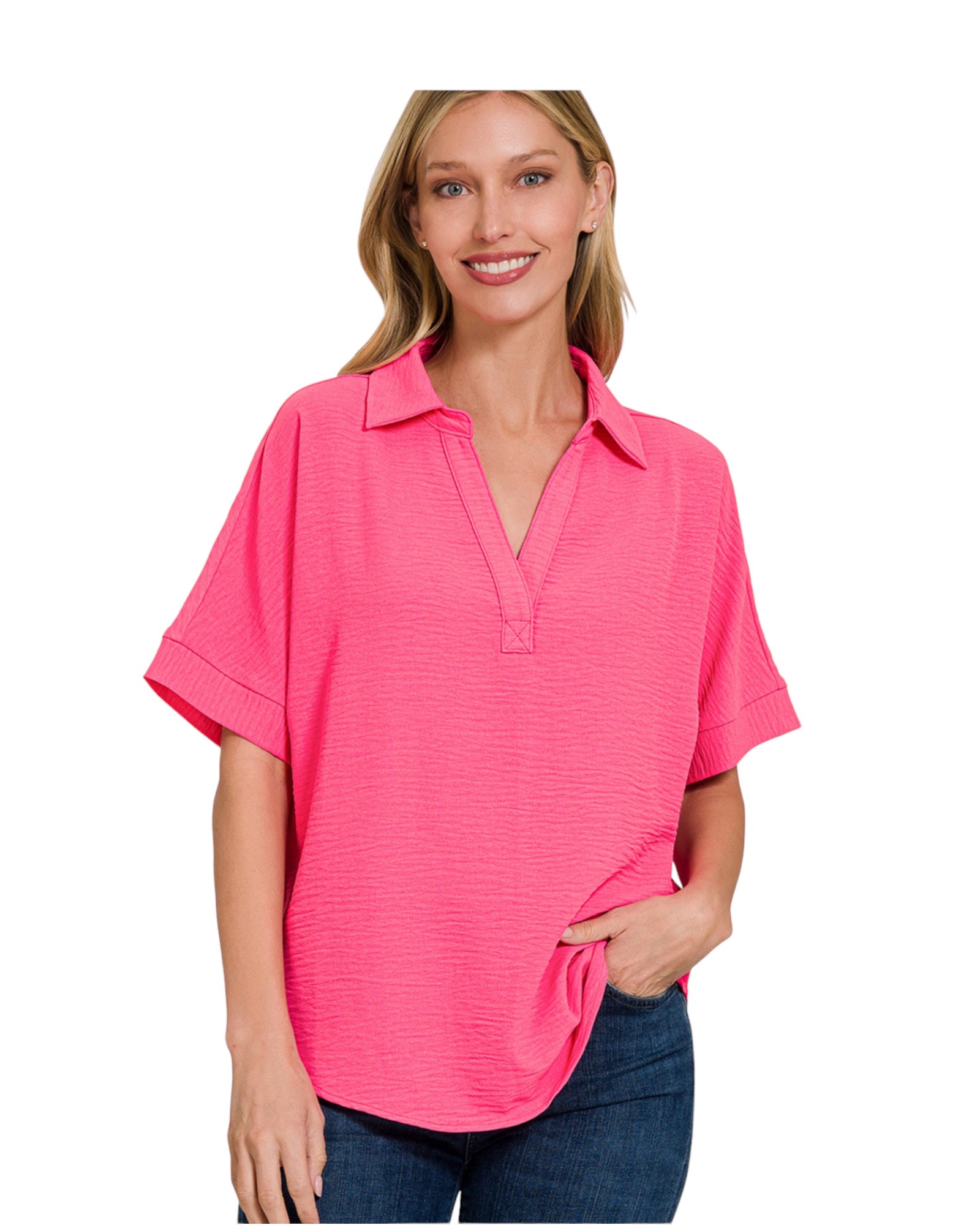 Woven Airflow collared v neck short sleeve top