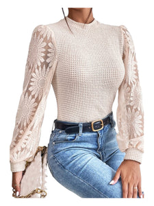 Flower Mesh Sleeve Waffle Texture Top