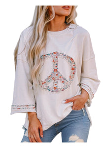 Round  neck pullover top w/peace sign