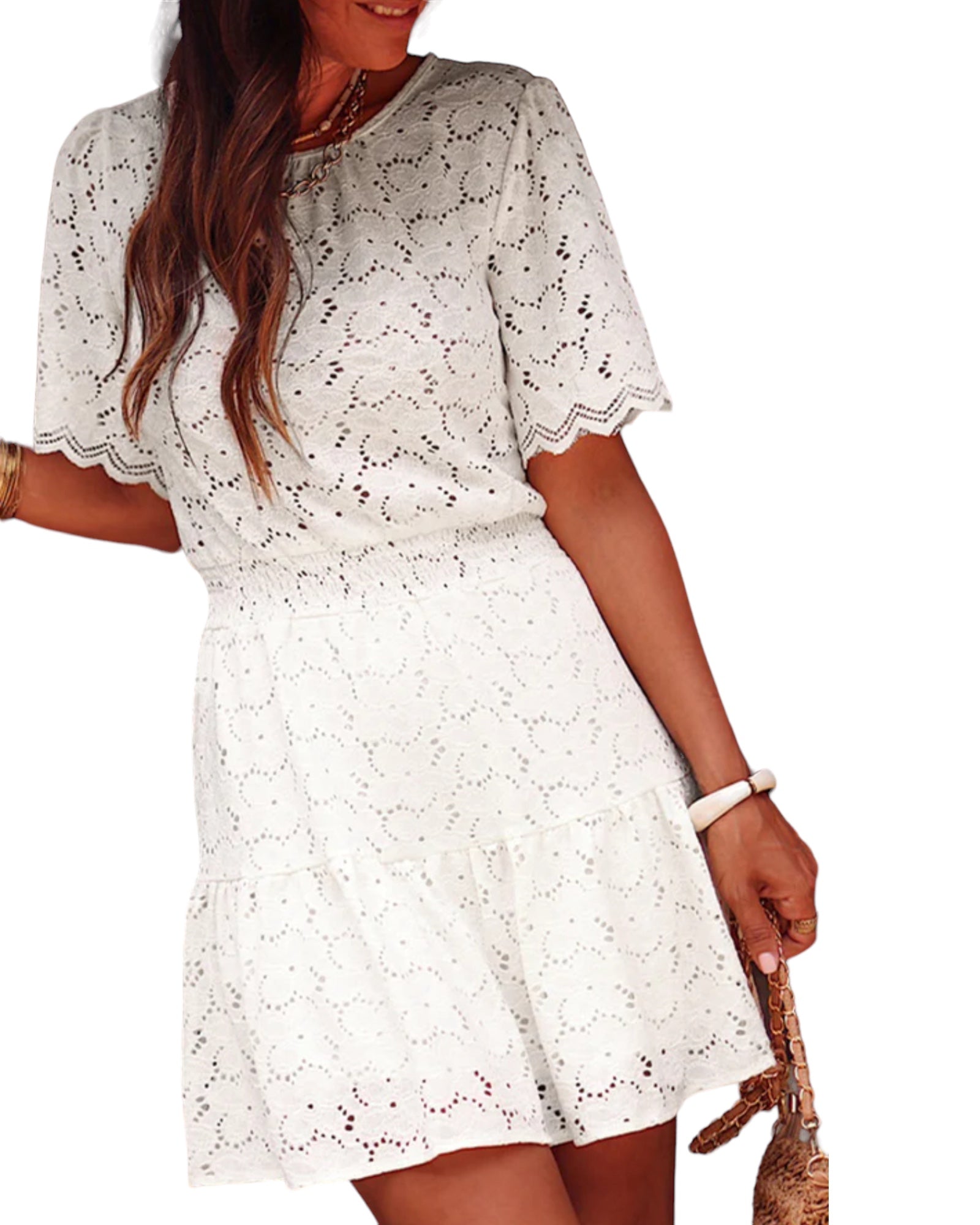 FLORAL LACE SCALLOPED SLEEVE DRESS