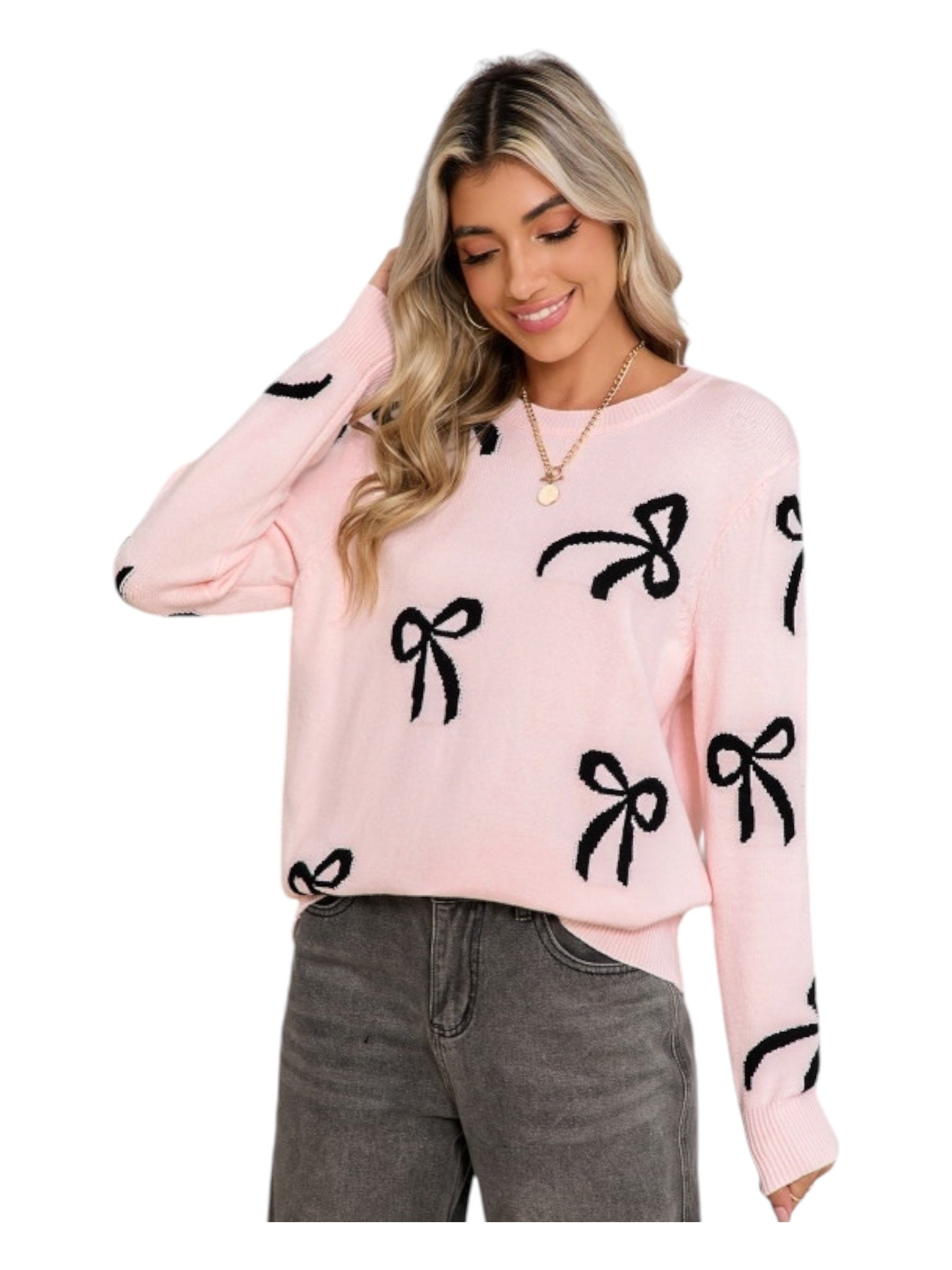 Pink sweater with black bows