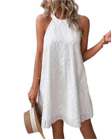 Eyelet Halter Neck Sleeveless Dress