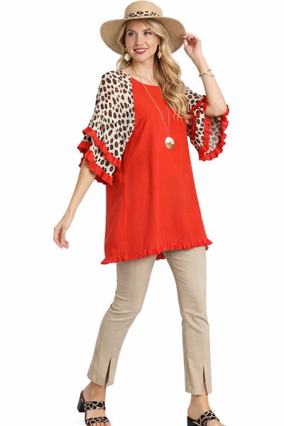 Linen Blend Animal Print Layered Bell Sleeve Round