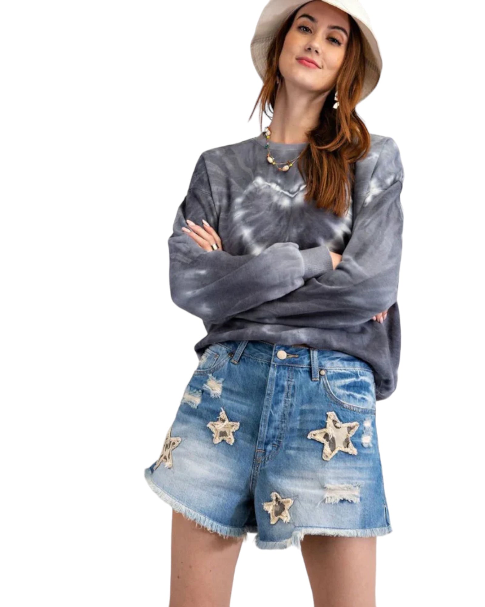 Star Patch Washed Denim Distressed Frayed Edge Shorts