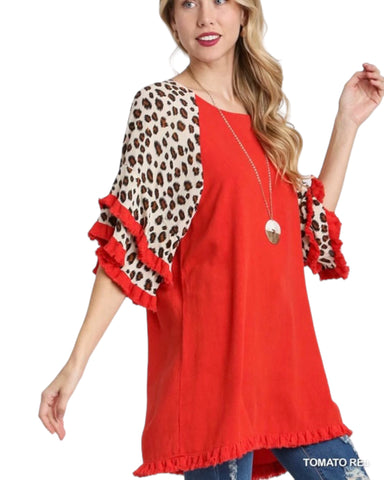 Linen Blend Animal Print Layered Bell Sleeve Round