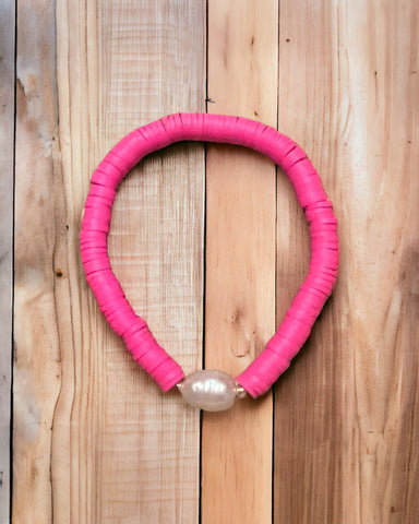 Hot pink disc bracelet w/pearl