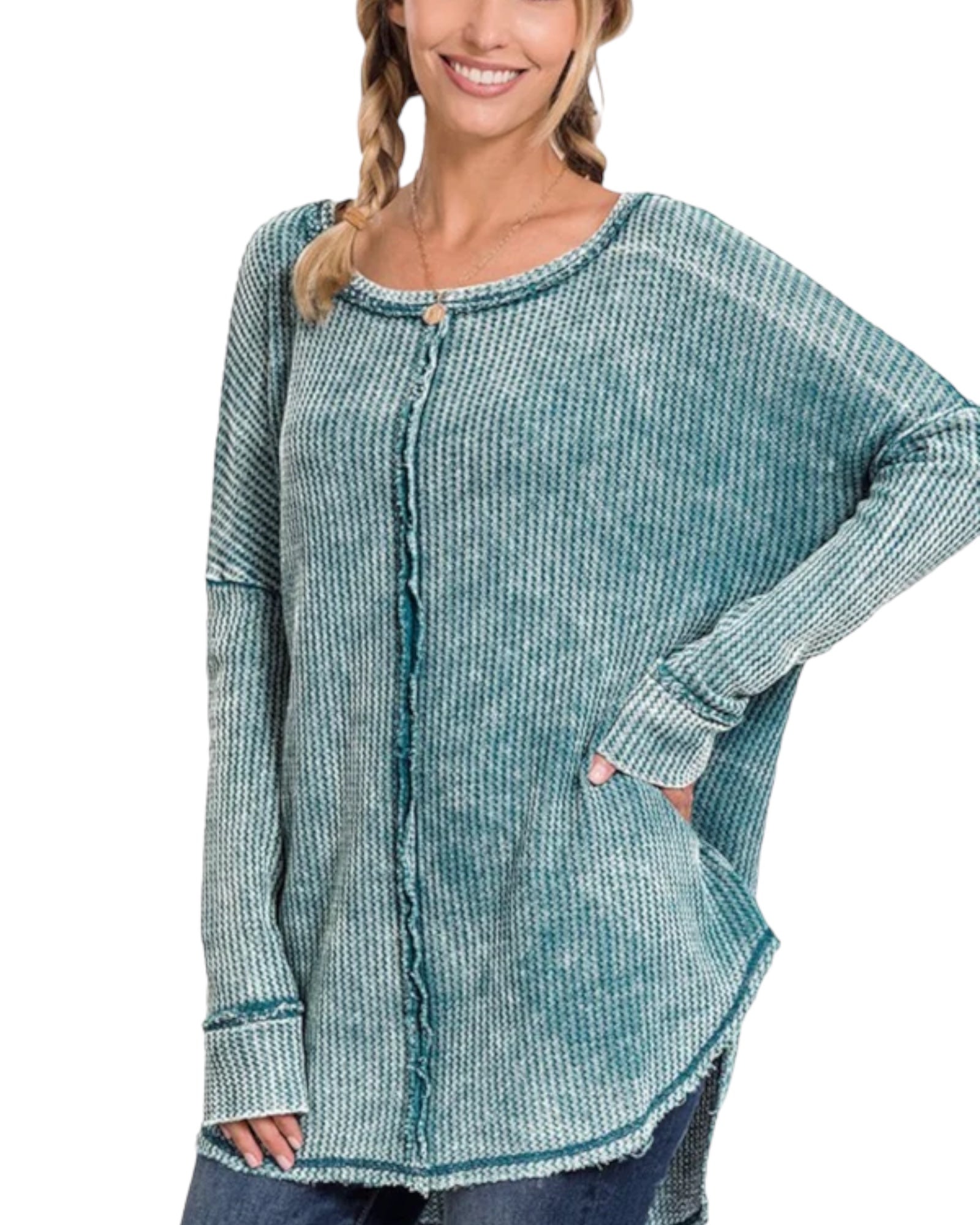 Blue Acid Wash Waffle Knit Hi-Lo Long Sleeve Top