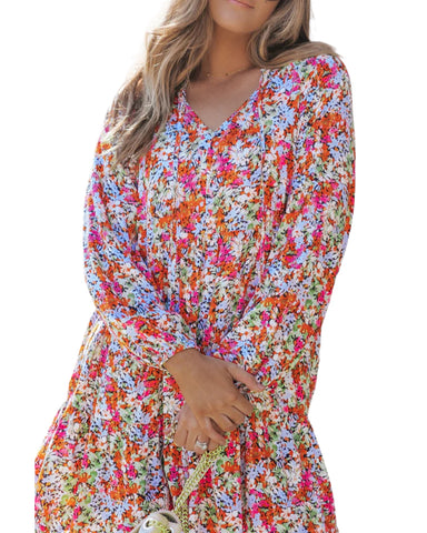 Floral Long Sleeve V Neck Dress