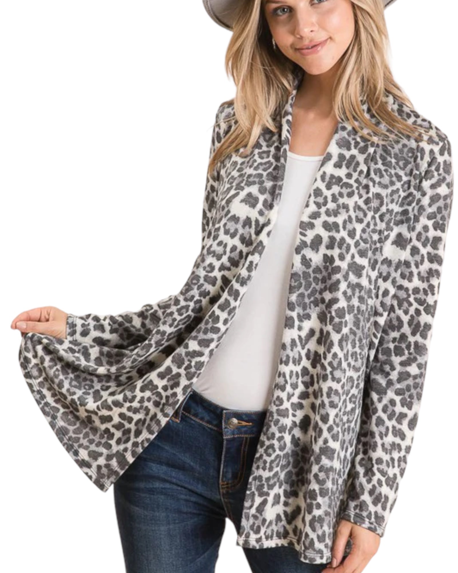 ANIMAL PRINT FRENCH TERRY OPEN CARDIGAN