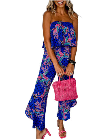 Tropical Strapless Ruffle Jumpsuit