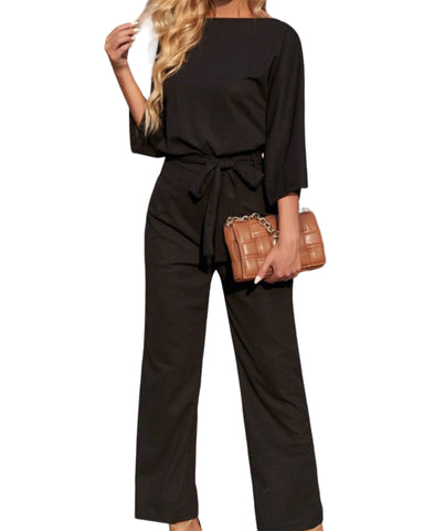 Black bracelet sleeve waist tie wide leg jumpsuit