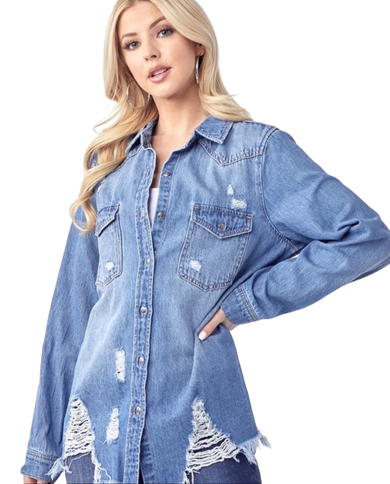 Distressed Frayed Hem Denim Shirt