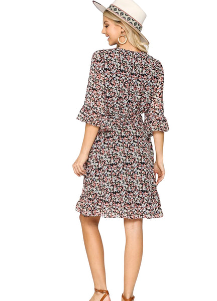 Chiffon Ditsy Printed overlap Ruffle Dress