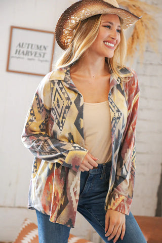 Aztec Print Button Down Shirt Jacket