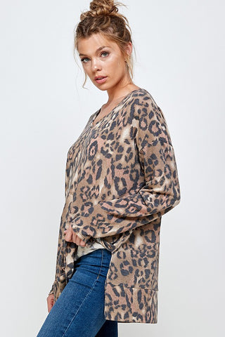 V NECK LONG SLEEVE SIDE SLIT LOOSE FIT TOP