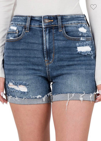 Distressed Cuffed Raw Hem Denim Shorts