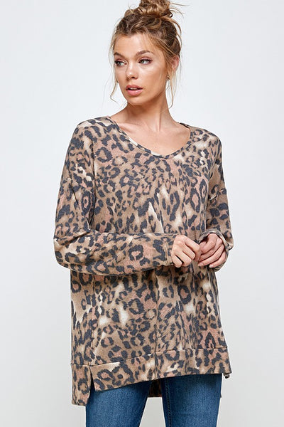 V NECK LONG SLEEVE SIDE SLIT LOOSE FIT TOP