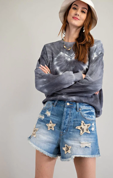 Star Patch Washed Denim Distressed Frayed Edge Shorts