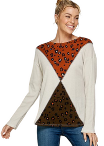 Waffle Knit Top With Animal Print Triangles