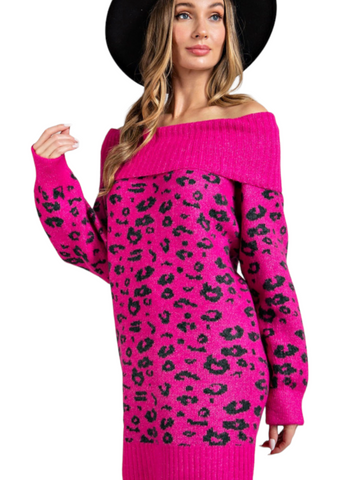 Leopard Print Pink Turtle Neck Sweater Dress