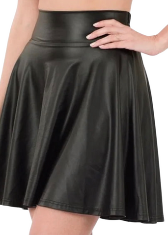 Black Faux Leather High Waist Skater Skirt