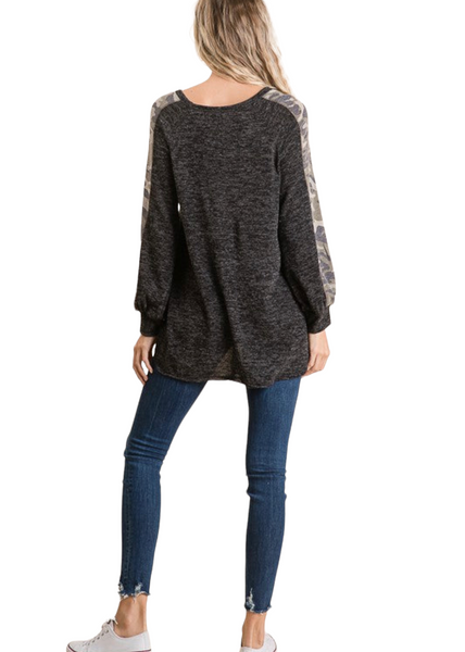 FRENCH TERRY CONTRAST ROUND NECK LONG SLEEVE TOP