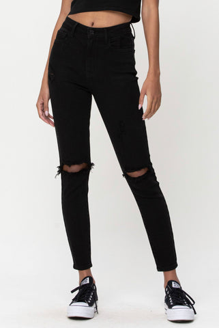 Black High Rise Distress Ankle Skinny