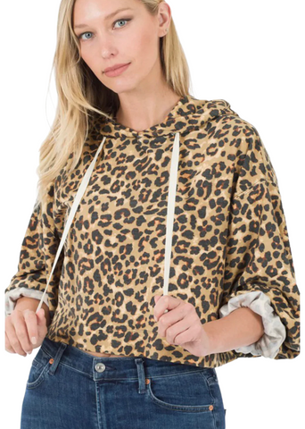 FRENCH TERRY BROWN LEOPARD PRINT DROP SHOULDER DRAWSTRING CROP HOODIE