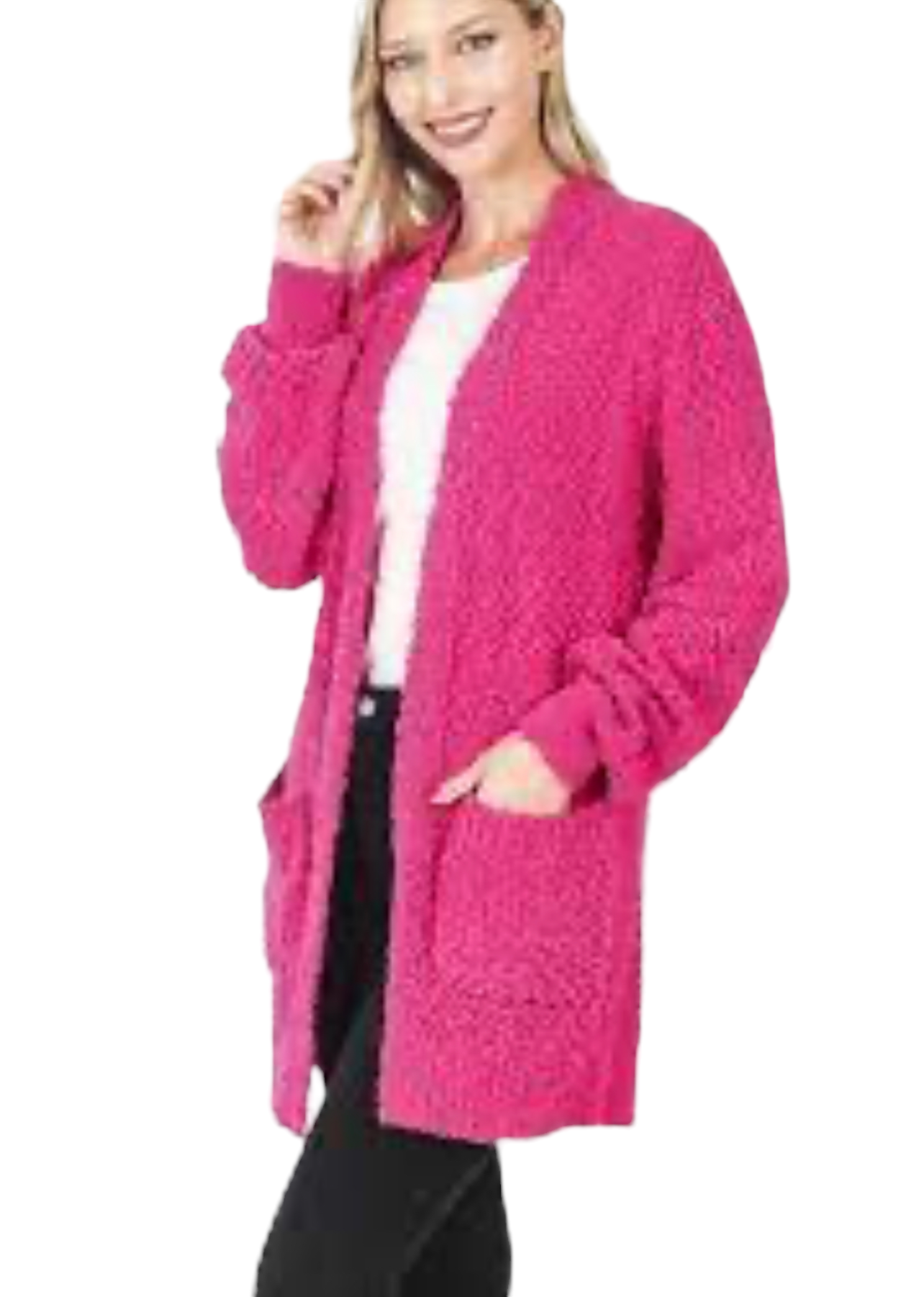 Pink Popcorn Cardigan With Pockets