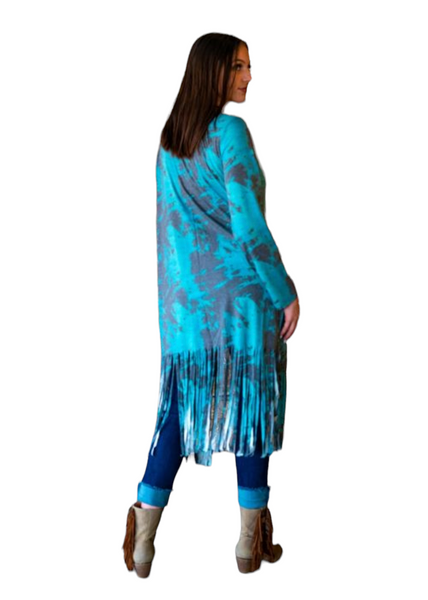 Grey Teal Tie Dye Long Sleeve Fringe Duster