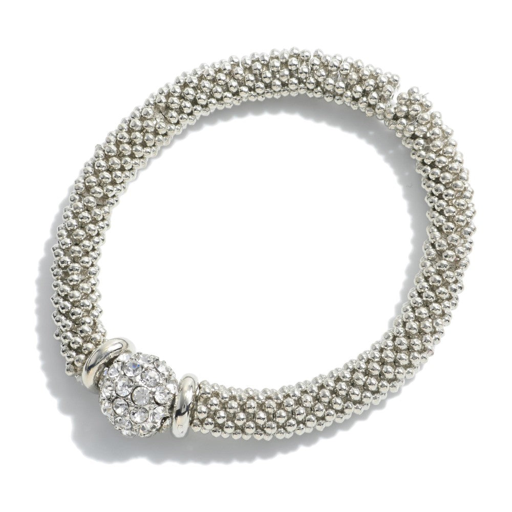 Interlocking Studded Bead Stretch Bracelet Featuring Rhinestone Bead Accent.  - Approximately 2.5" Diameter