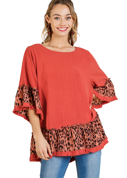 Animal Print Bell Sleeve Round Neck Top with Ruffle Hem