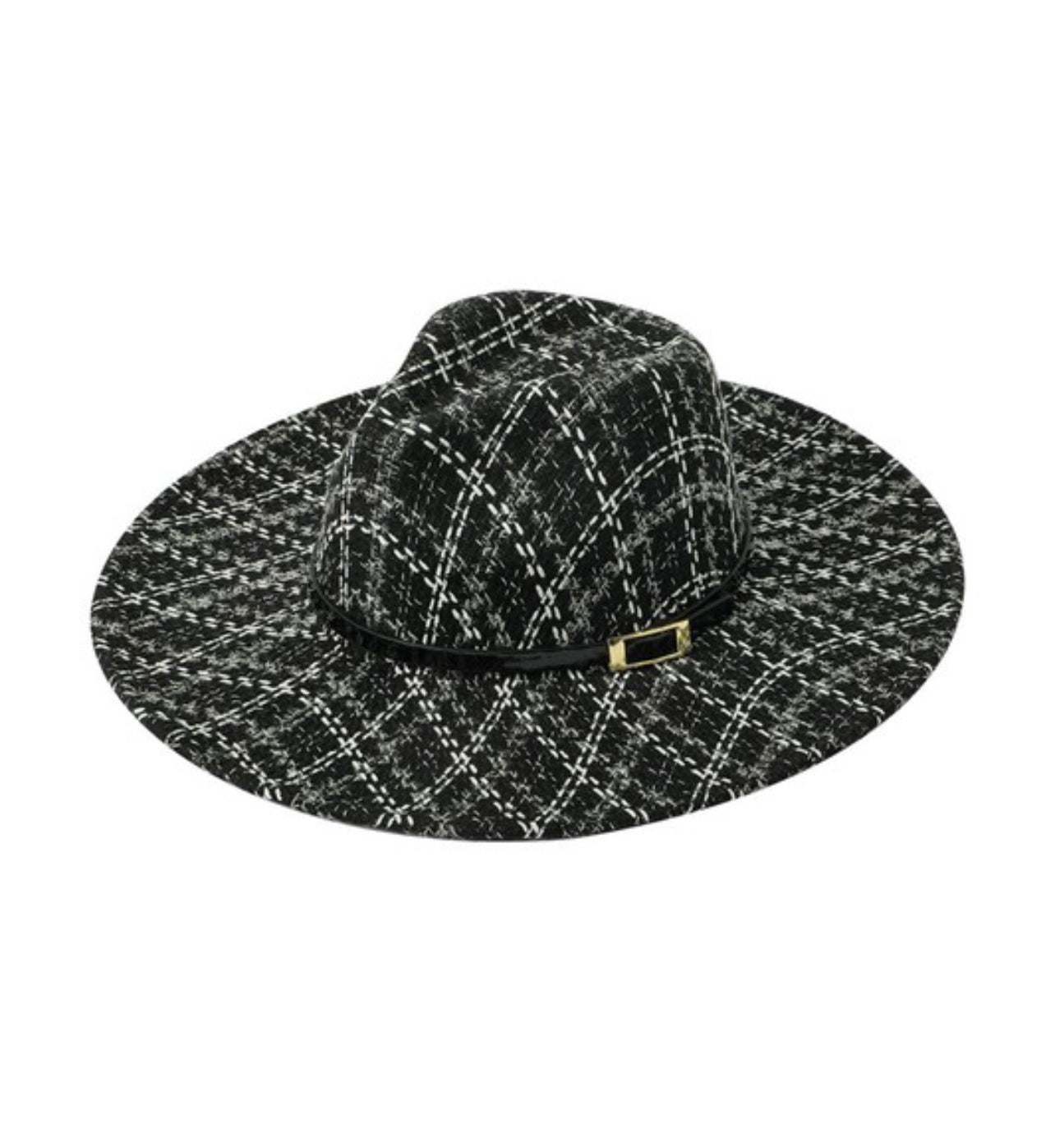 Black Stitches Pattern Fedora Hat w/ Buckle Trim