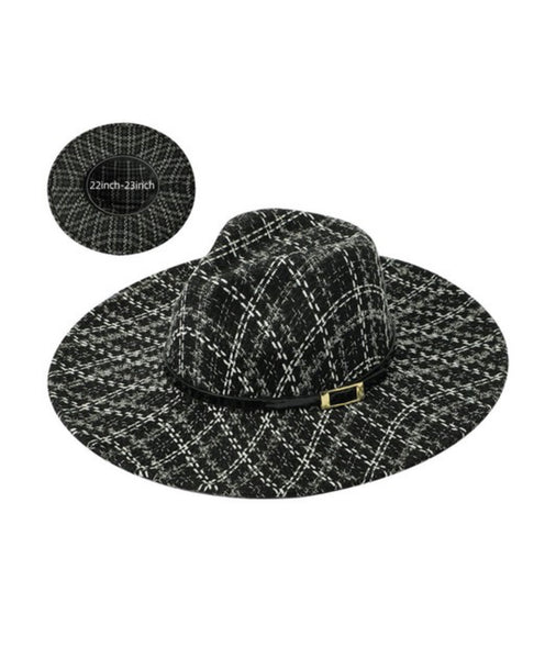 Black Stitches Pattern Fedora Hat w/ Buckle Trim