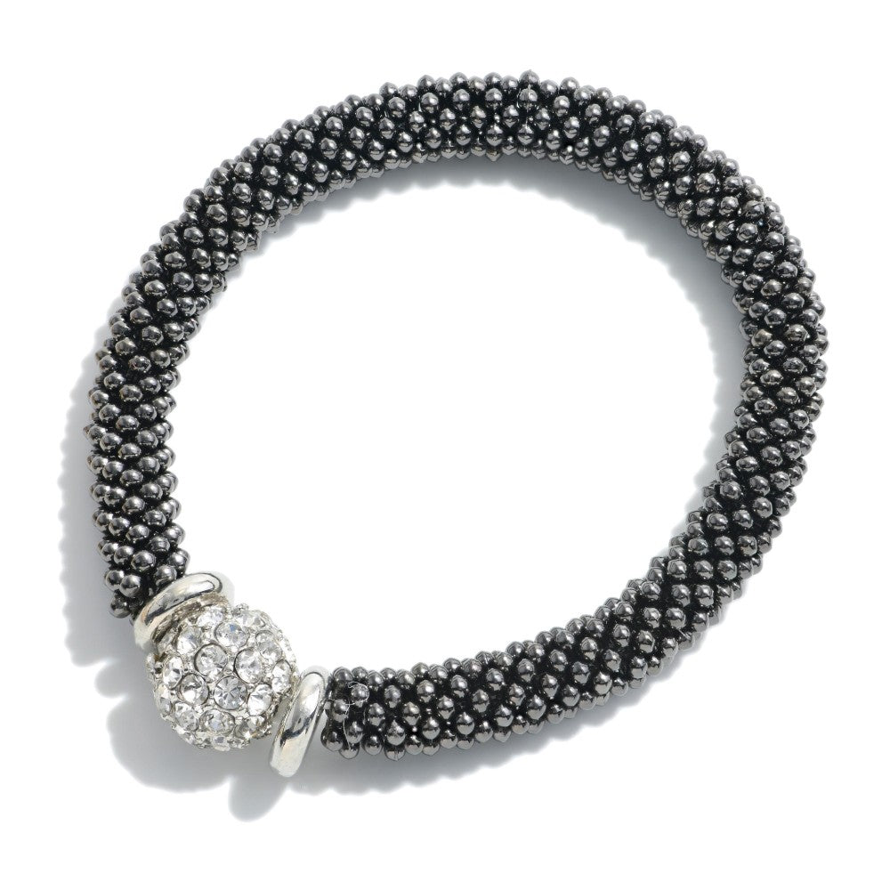 Interlocking Studded Bead Stretch Bracelet Featuring Rhinestone Bead Accent.  - Approximately 2.5" Diameter