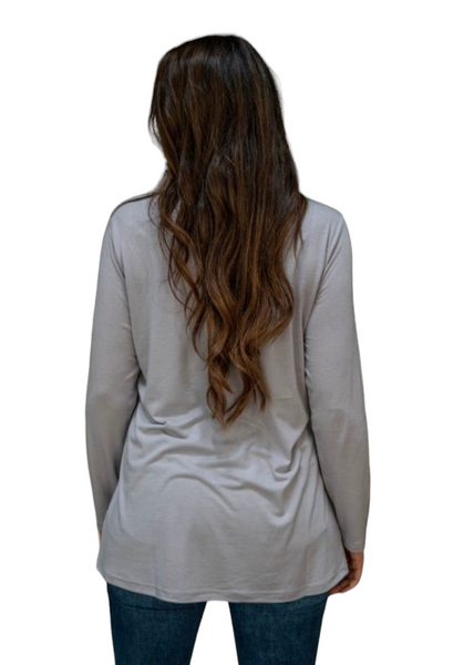 Lavender Grey Basic Caged Neck Long Sleeve Top