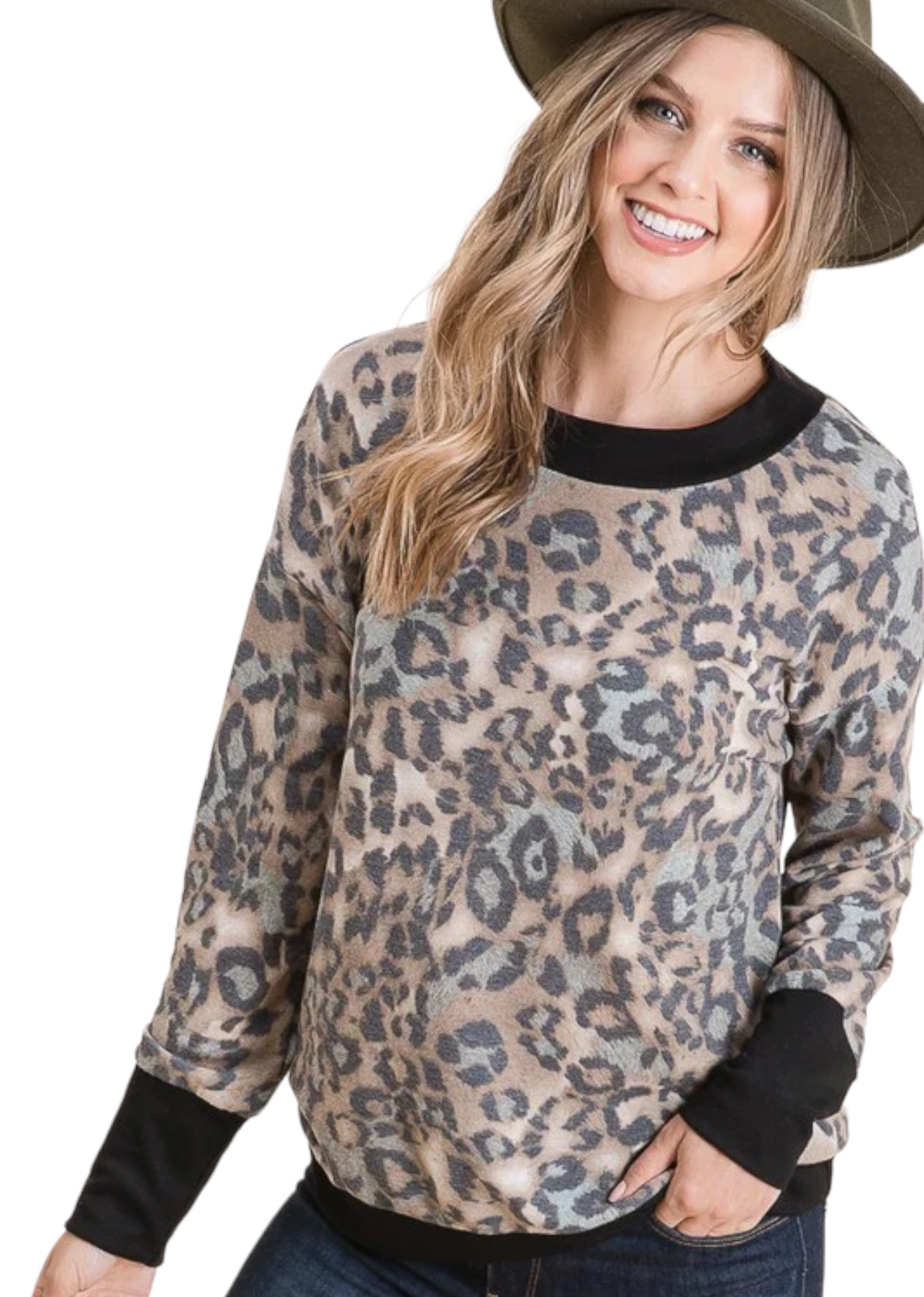 ANIMAL PRINT FRENCH TERRY SELF LONG SLEEVE TOP