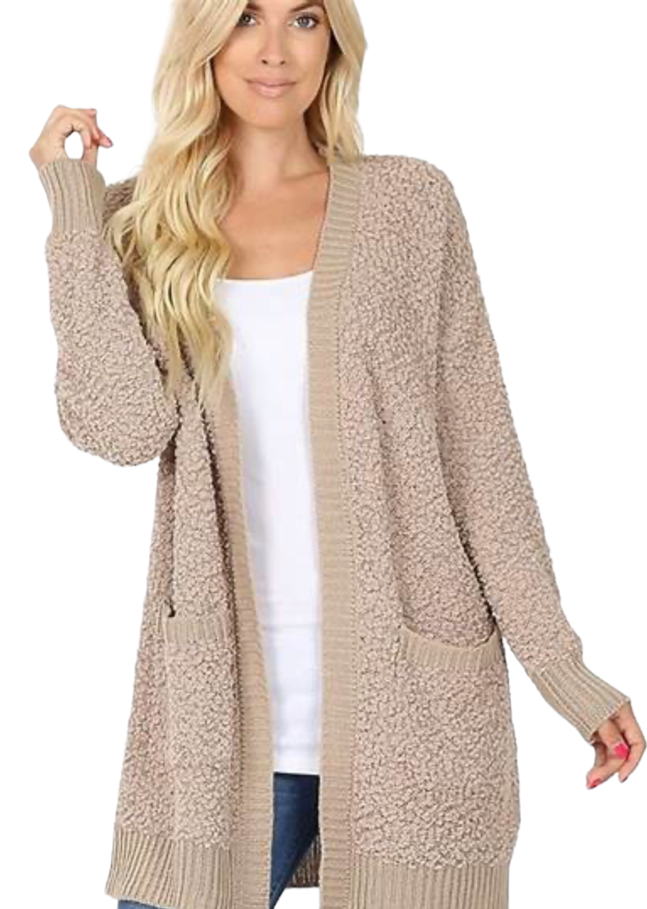 PUFF SLEEVE POPCORN CARDIGAN WITH POCKETS