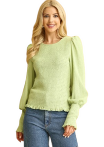 Solid Texture Knit and Smocked Bodice Top with Puff Sleeve