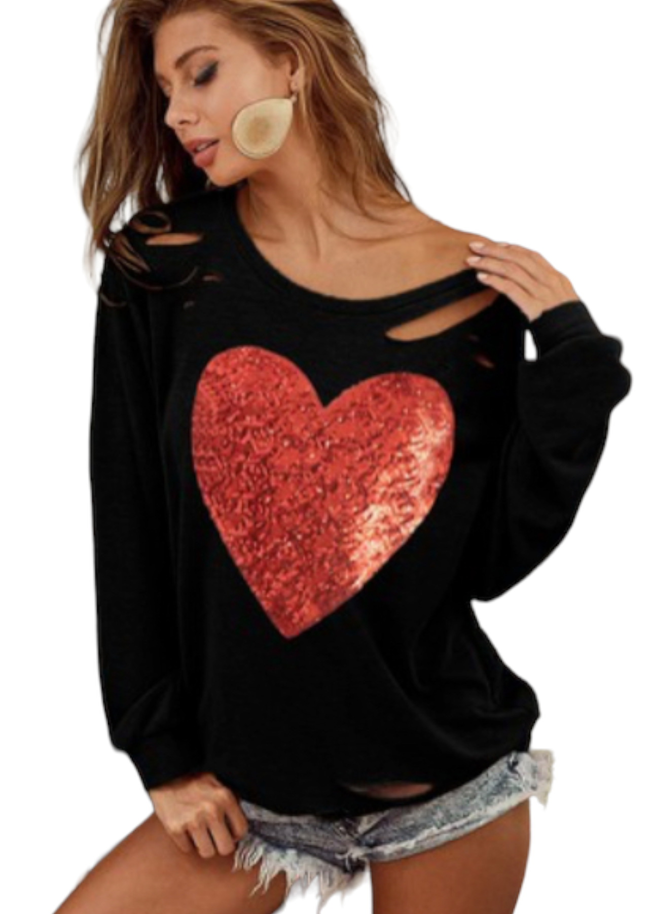 Black w/ sequin heart distressed crewneck pullover